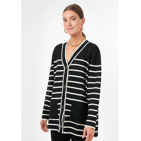 Tuckernuck Lauren Cardigan Black White Stripe XXL Pockets Academia Preppy - Picture 1 of 13